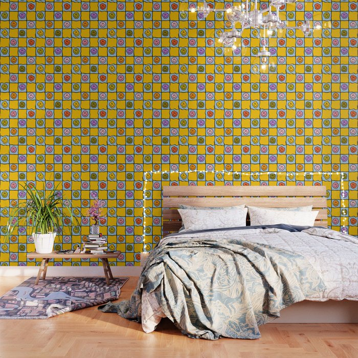 Yellow Happy Face Checkerboard Print Wallpaper Gallery Image 3