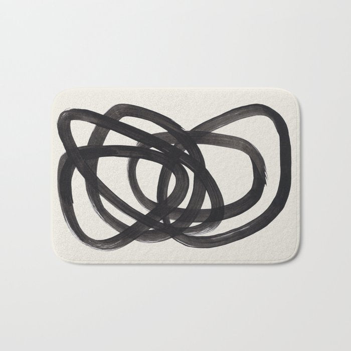 Mid Century Modern Minimalist Abstract Art Brush Strokes Black & White Ink Art Spiral Circles Bath Mat Gallery Image 1