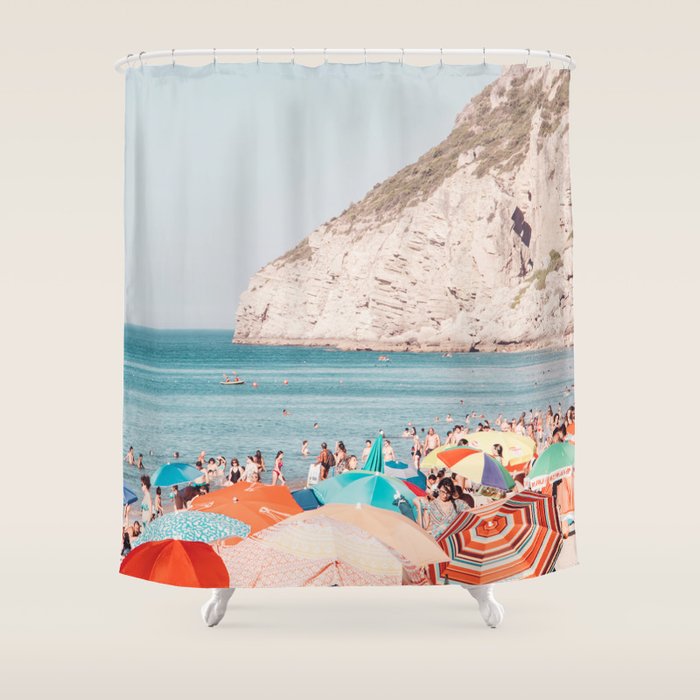 Beach - Colorful Sun Umbrellas two series - Ocean - Travel photography Shower Curtain Gallery Image 1