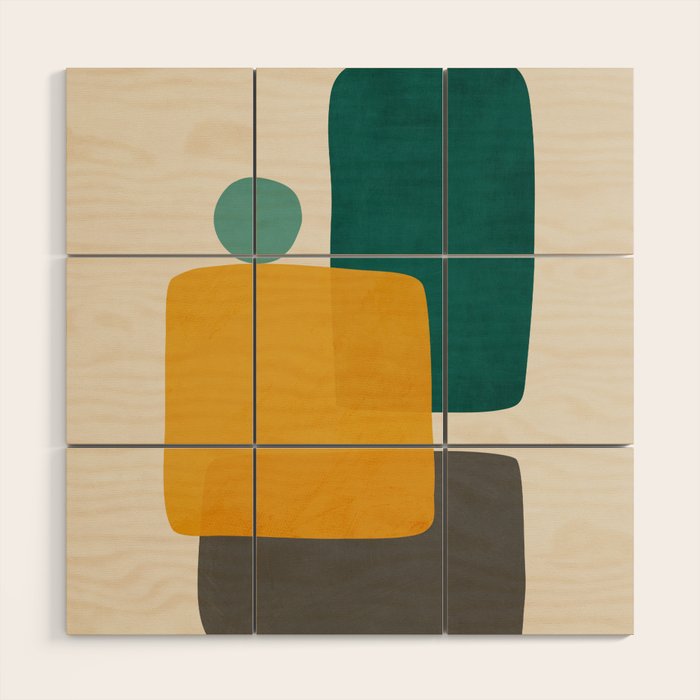 Teal Mustard Abstract Shapes 01 Wood Wall Art Gallery Image 1