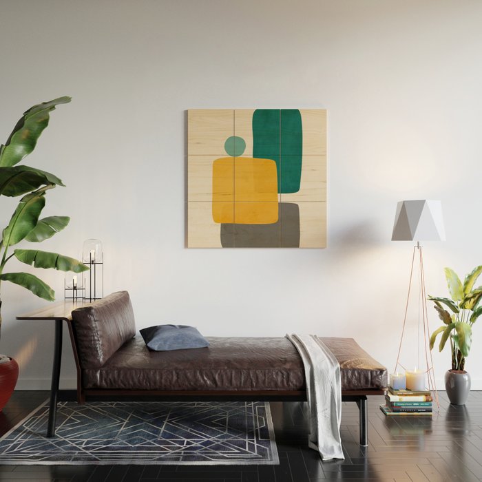 Teal Mustard Abstract Shapes 01 Wood Wall Art Gallery Image 2
