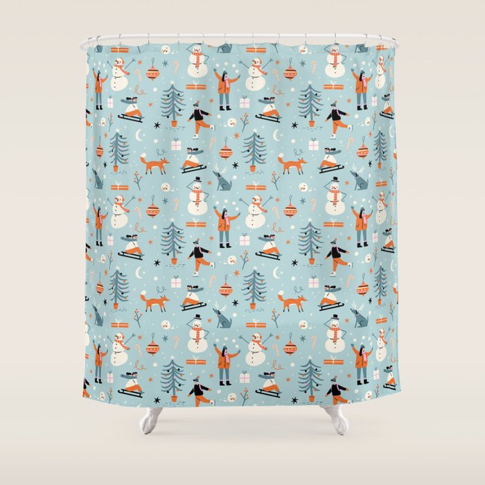 Christmas Scene Blue Shower Curtain Gallery Image 1