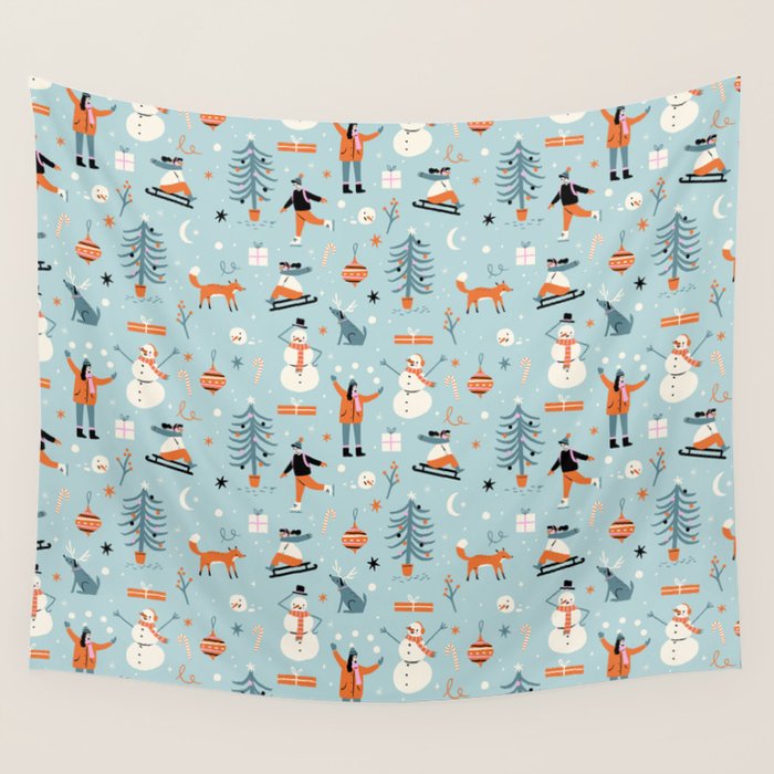Christmas Scene Blue Wall Tapestry Gallery Image 4