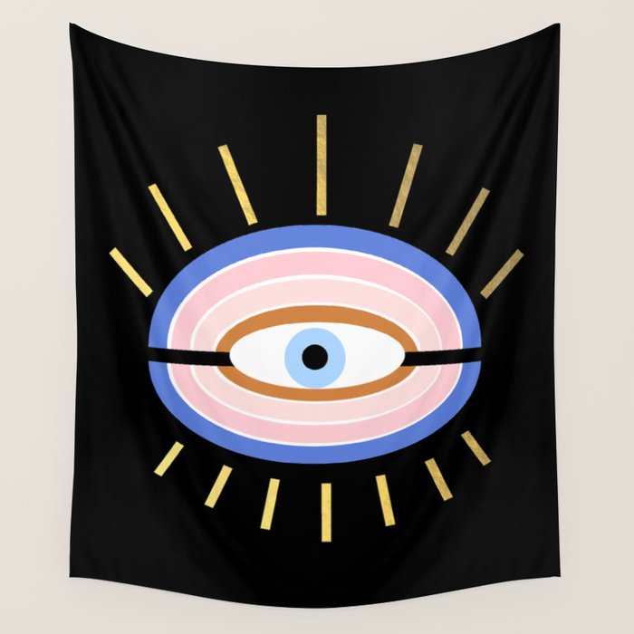 Retro evil eye - black & gold Wall Tapestry Gallery Image 4