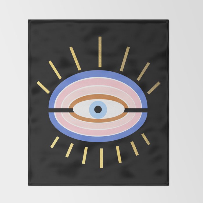 Retro evil eye - black & gold Throw Blanket Gallery Image 2