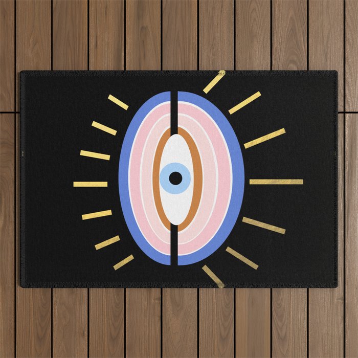 Retro evil eye - black & gold Outdoor Rug Gallery Image 1