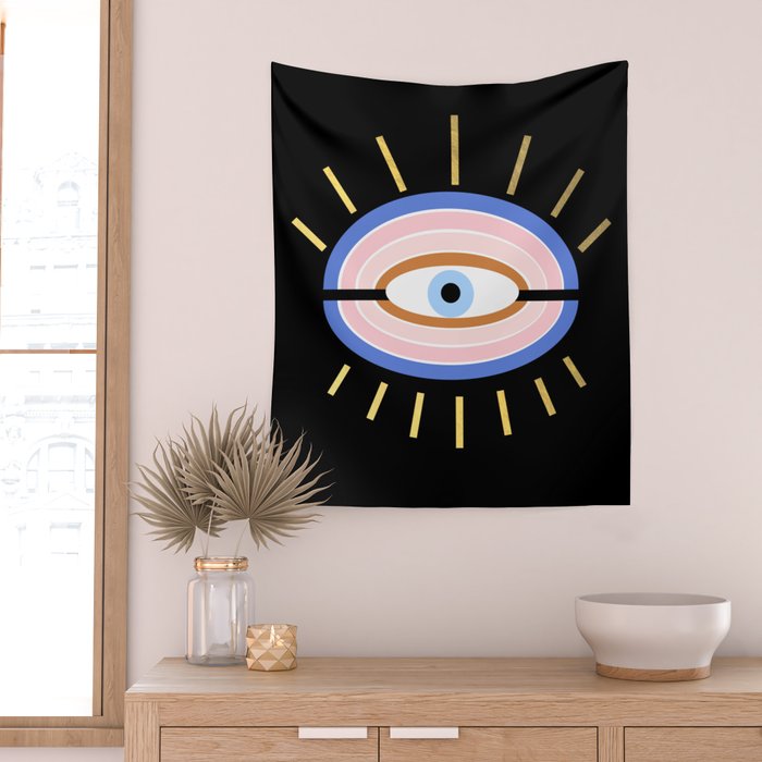 Retro evil eye - black & gold Wall Tapestry Gallery Image 2