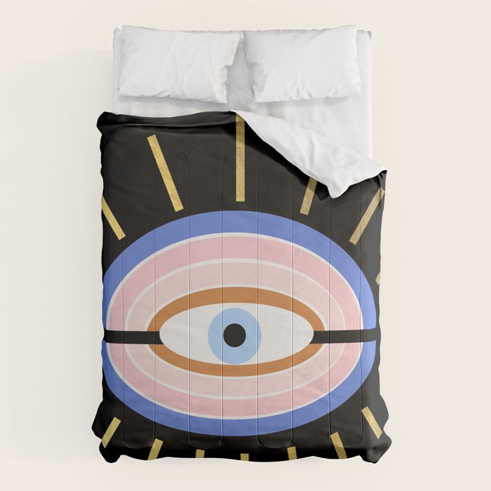 Retro evil eye - black & gold Comforter Gallery Image 6