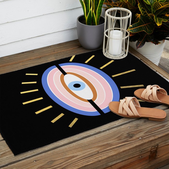 Retro evil eye - black & gold Outdoor Rug Gallery Image 2