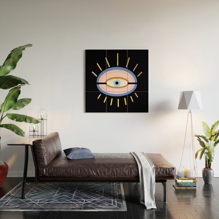 Retro evil eye - black & gold Wood Wall Art Gallery Image 2