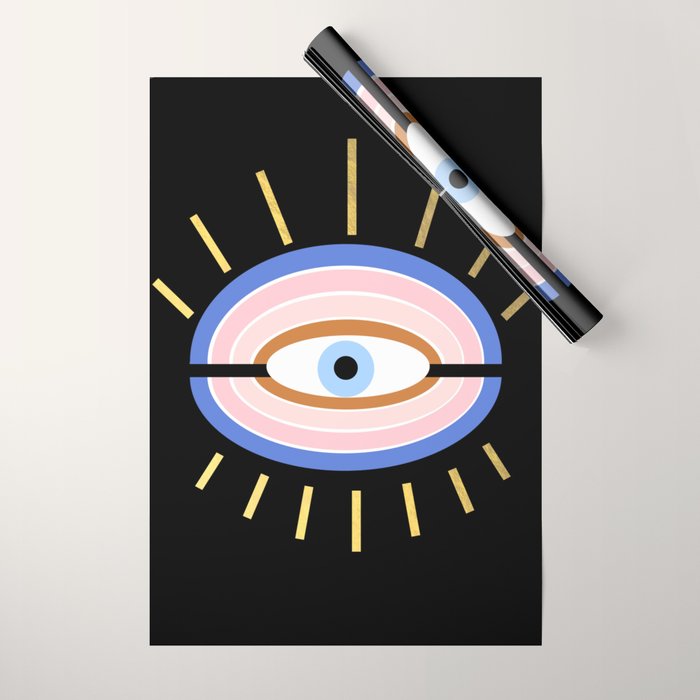 Retro evil eye - black & gold Wrapping Paper Gallery Image 1