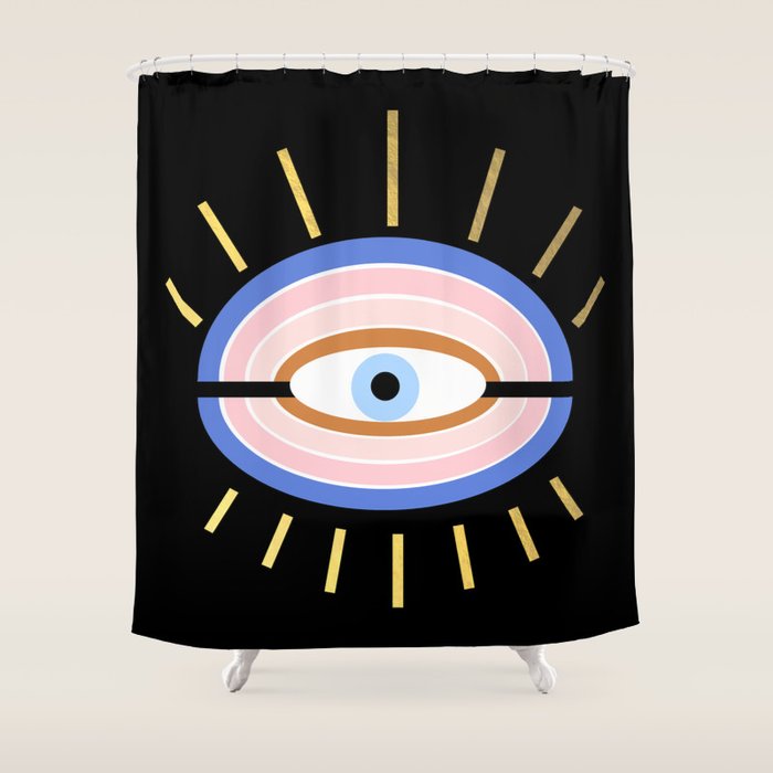 Retro evil eye - black & gold Shower Curtain Gallery Image 1