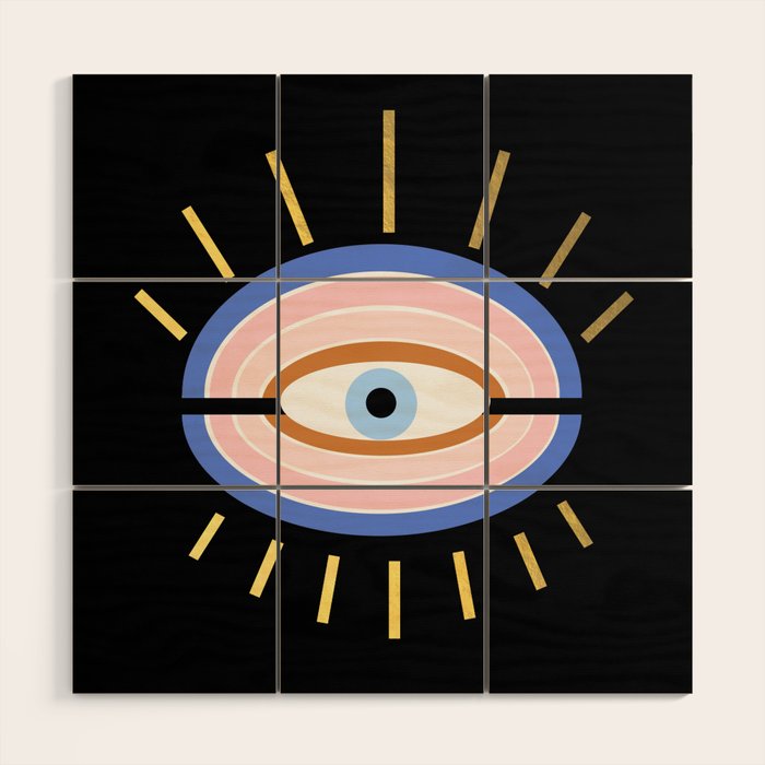 Retro evil eye - black & gold Wood Wall Art Gallery Image 1