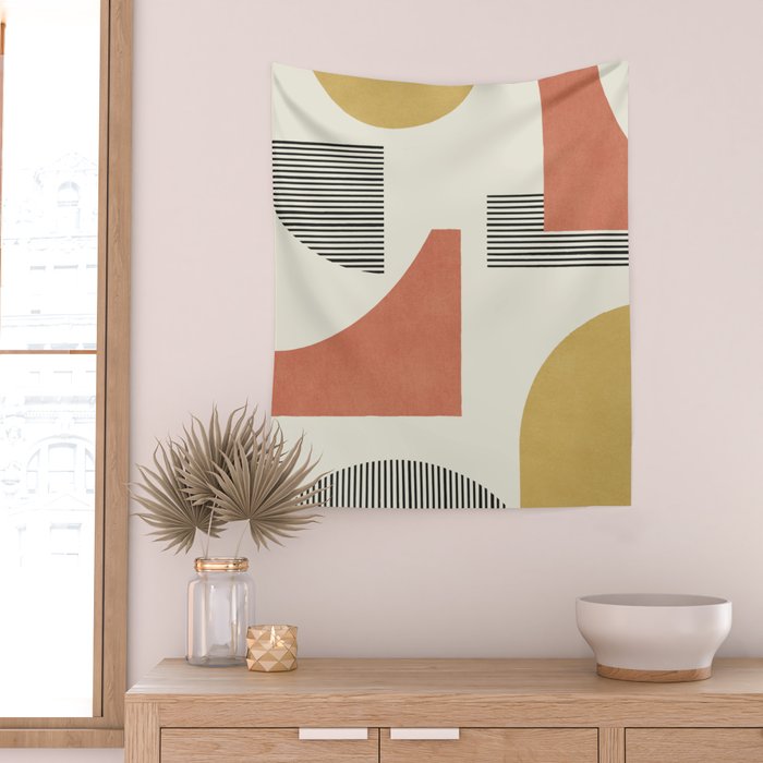 Abstract Lines Composition - Gold Orange Brown Wall Tapestry Gallery Image 2