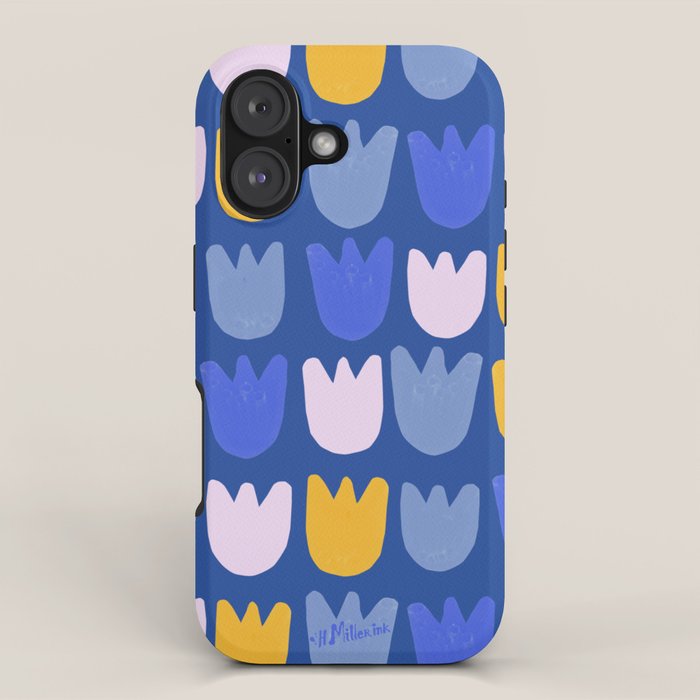 Rows of Tulips in Bloom in Blue & Mustard Yellow iPhone Case Gallery Image 1