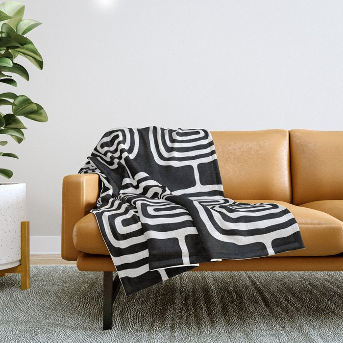 Mid Century Modern Atomic Rings Pattern 771 Black and White Throw Blanket Gallery Image 1