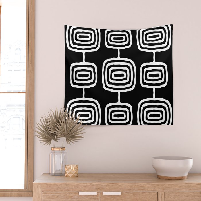 Mid Century Modern Atomic Rings Pattern 771 Black and White Wall Tapestry Gallery Image 2