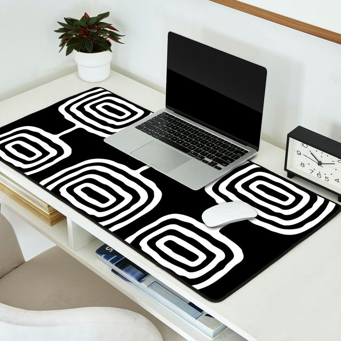 Mid Century Modern Atomic Rings Pattern 771 Black and White Desk Mat Gallery Image 2
