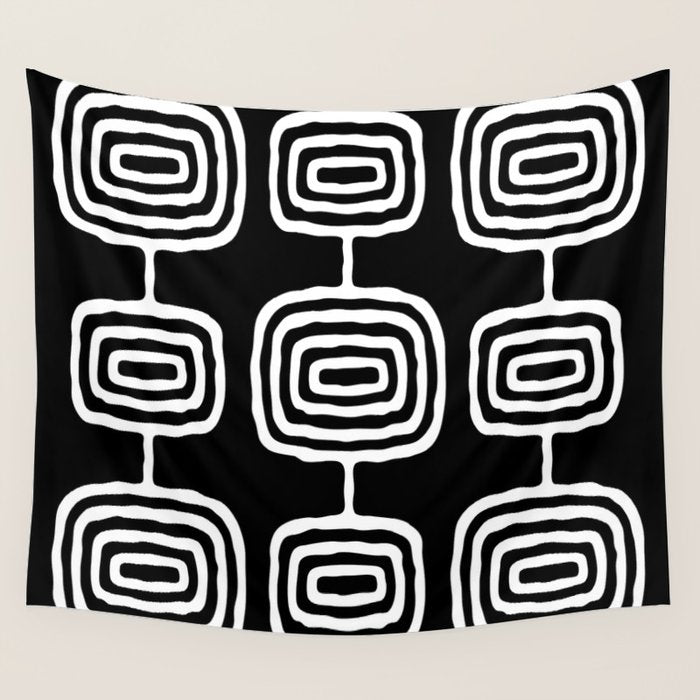 Mid Century Modern Atomic Rings Pattern 771 Black and White Wall Tapestry Gallery Image 4