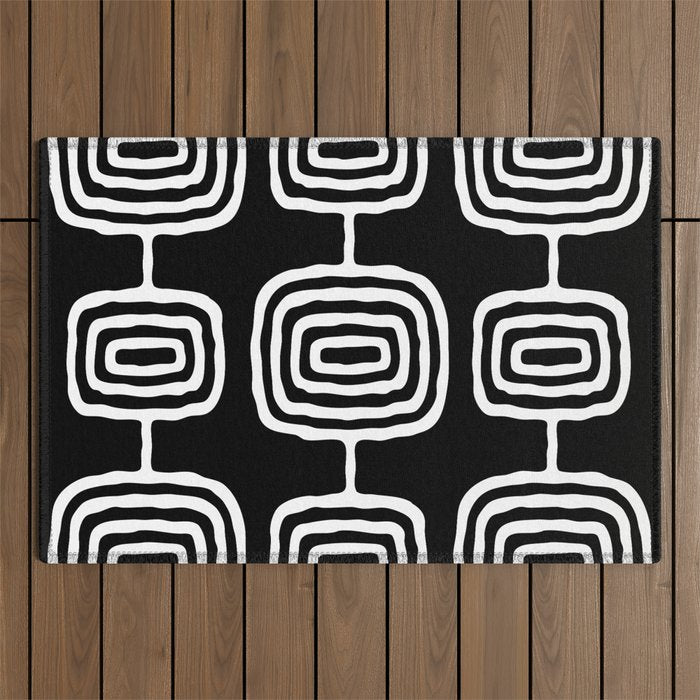 Mid Century Modern Atomic Rings Pattern 771 Black and White Outdoor Rug Gallery Image 1