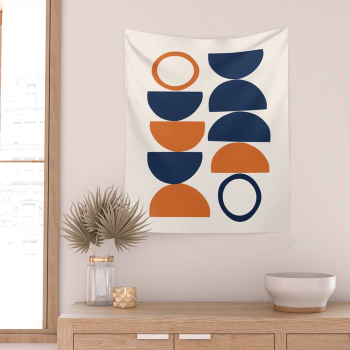 Abstract Shapes 19 in Orange and Navy Blue Wall Tapestry Gallery Image 2