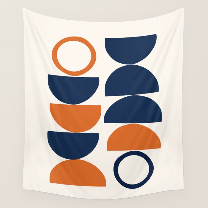 Abstract Shapes 19 in Orange and Navy Blue Wall Tapestry Gallery Image 1
