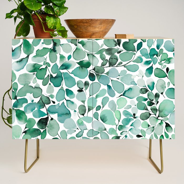 Watercolor Eucalyptus Botanical Green Leaves Credenza Gallery Image 1
