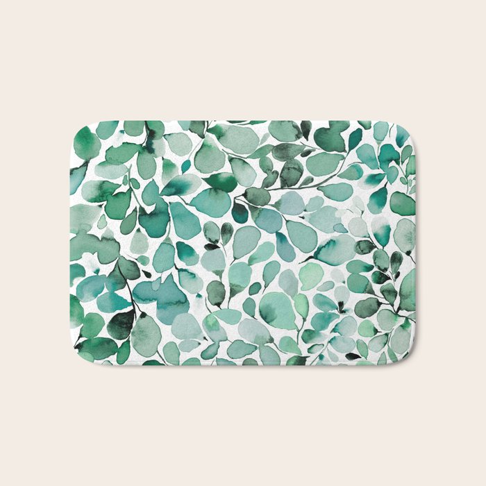 Watercolor Eucalyptus Botanical Green Leaves Bath Mat Gallery Image 1