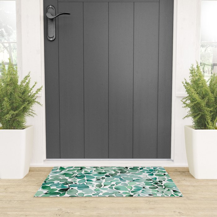Watercolor Eucalyptus Botanical Green Leaves Welcome Mat Gallery Image 3