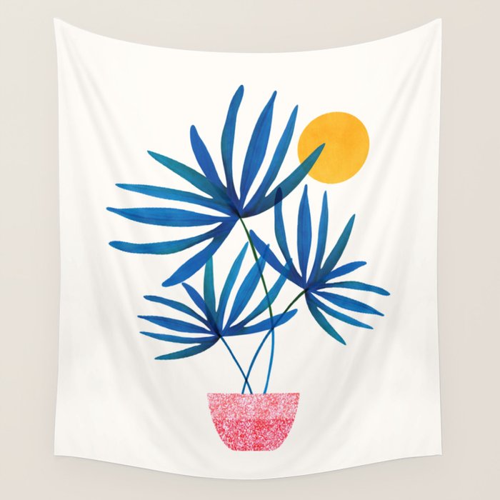Sunny Palms in Indigo and Pink Wall Tapestry Gallery Image 4