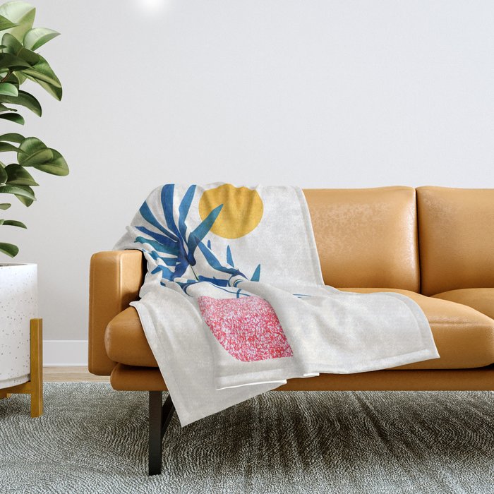 Sunny Palms in Indigo and Pink Throw Blanket Gallery Image 1