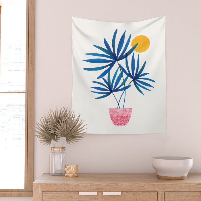 Sunny Palms in Indigo and Pink Wall Tapestry Gallery Image 2
