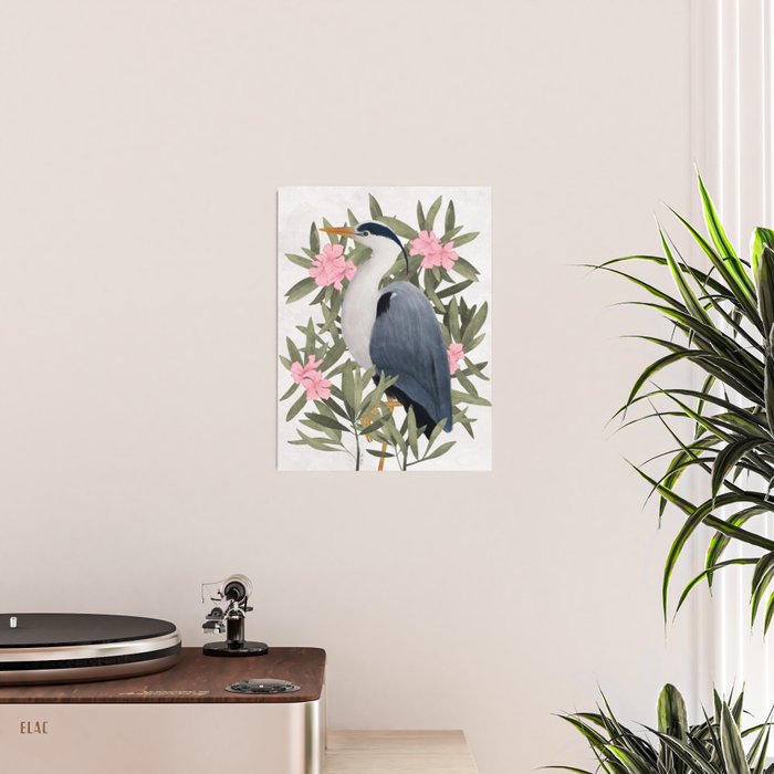 Gray heron and oleander plant - Poster Gallery Image 2
