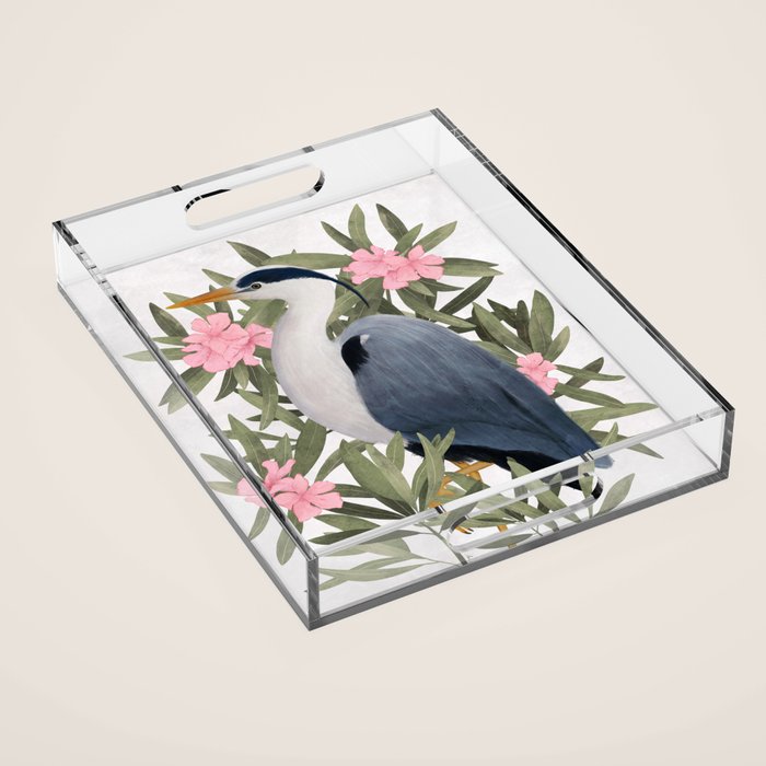 Gray heron and oleander plant - Acrylic Tray Gallery Image 1
