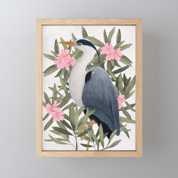 Gray heron and oleander plant - Mini Art Print Gallery Image 1