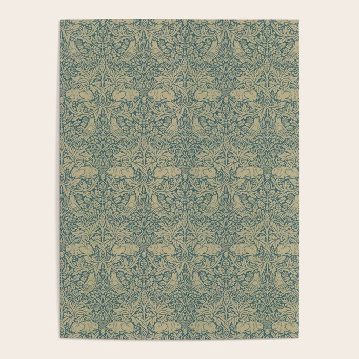 William Morris Brer Rabbit Blue Peacock Gold Vintage Pattern Poster Gallery Image 1