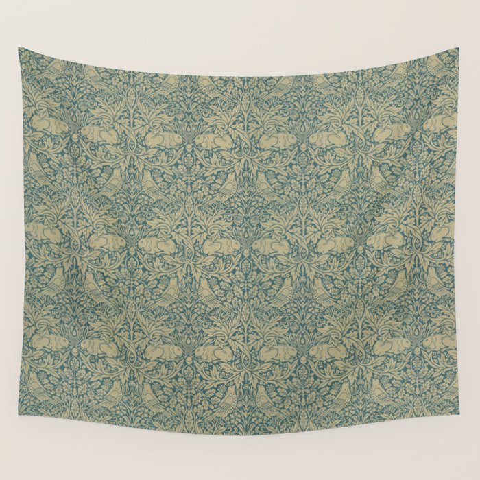 William Morris Brer Rabbit Blue Peacock Gold Vintage Pattern Wall Tapestry Gallery Image 4