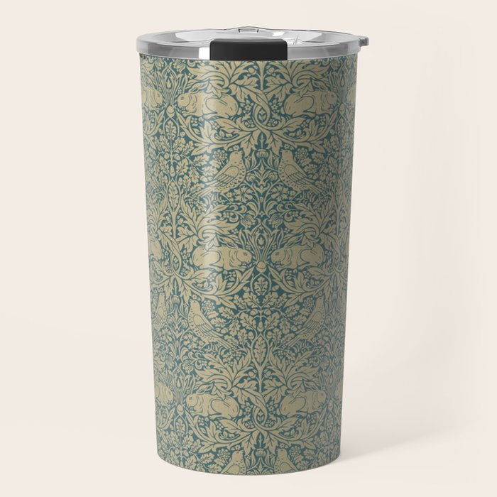 William Morris Brer Rabbit Blue Peacock Gold Vintage Pattern Travel Mug Gallery Image 1