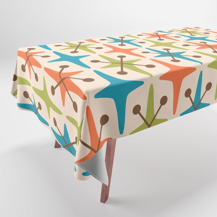 Mid Century Modern Atomic Starburst Pattern 441 Orange Brown Turquoise Chartreuse Tablecloth Gallery Image 1