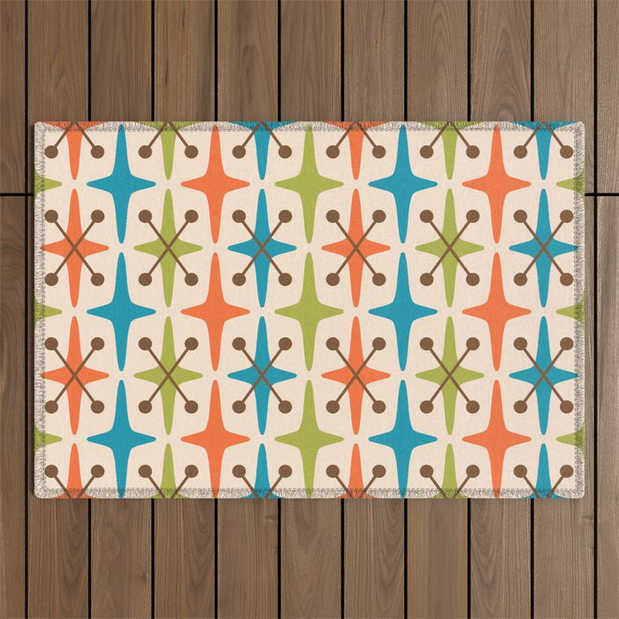 Mid Century Modern Atomic Starburst Pattern 441 Orange Brown Turquoise Chartreuse Outdoor Rug Gallery Image 1