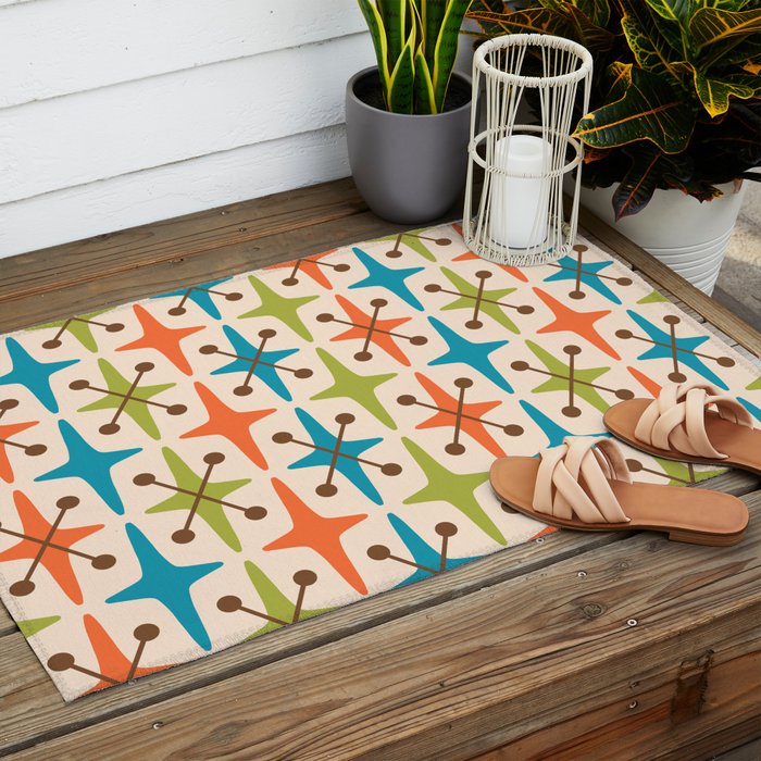 Mid Century Modern Atomic Starburst Pattern 441 Orange Brown Turquoise Chartreuse Outdoor Rug Gallery Image 2