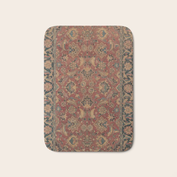 Flowery Boho Rug I // 17th Century Distressed Colorful Red Navy Blue Burlap Tan Ornate Accent Patter Bath Mat Gallery Image 1