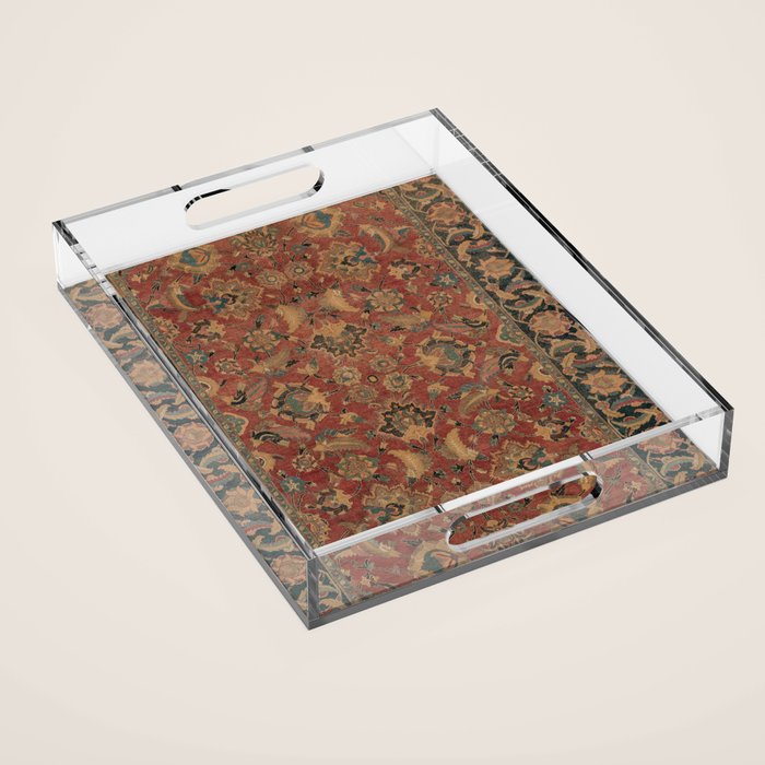 Flowery Boho Rug I // 17th Century Distressed Colorful Red Navy Blue Burlap Tan Ornate Accent Patter Acrylic Tray Gallery Image 1
