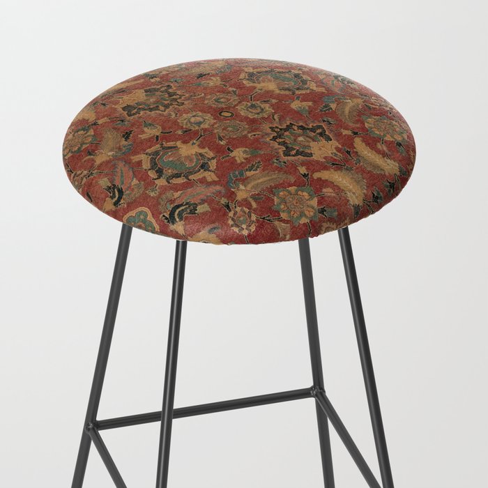 Flowery Boho Rug I // 17th Century Distressed Colorful Red Navy Blue Burlap Tan Ornate Accent Patter Stool Gallery Image 2