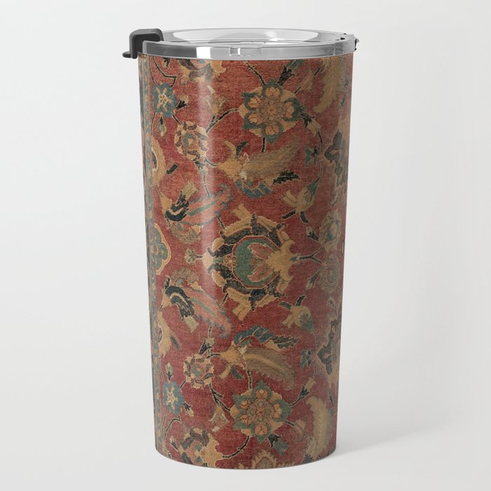 Flowery Boho Rug I // 17th Century Distressed Colorful Red Navy Blue Burlap Tan Ornate Accent Patter Travel Mug Gallery Image 3