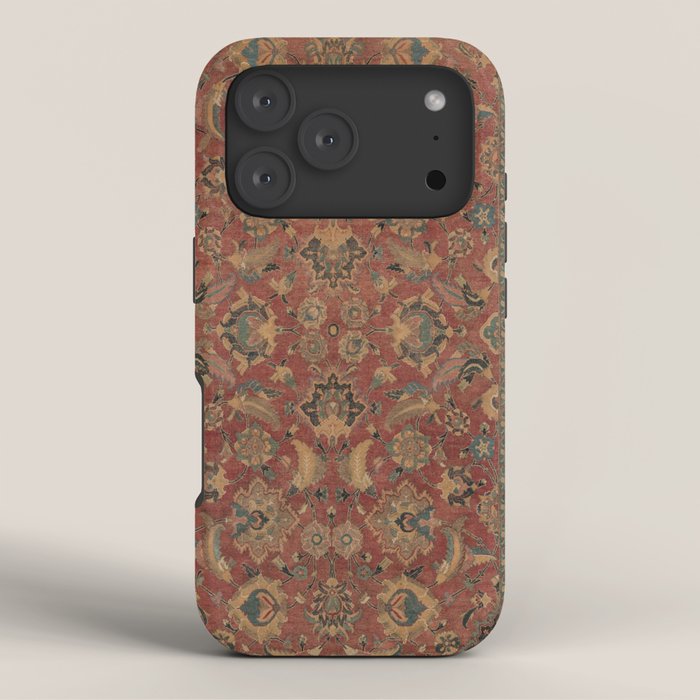 Flowery Boho Rug I // 17th Century Distressed Colorful Red Navy Blue Burlap Tan Ornate Accent Patter iPhone Case Gallery Image 3