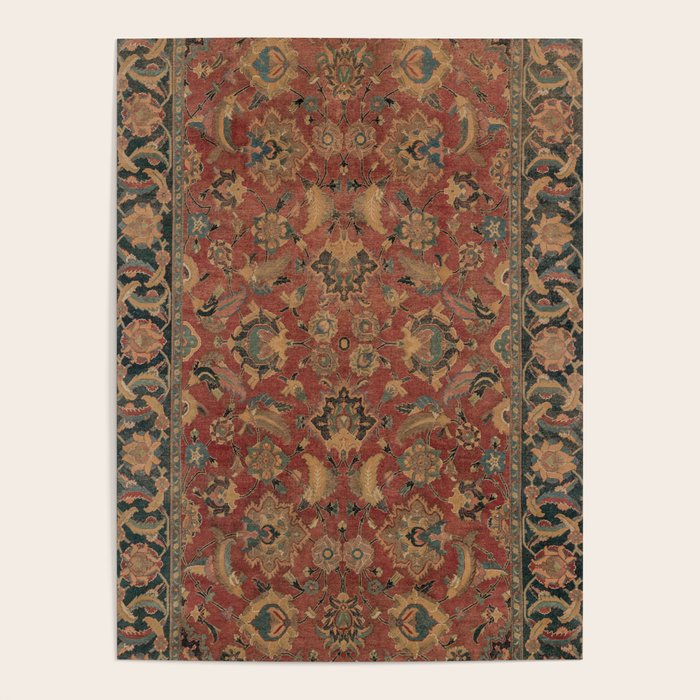 Flowery Boho Rug I // 17th Century Distressed Colorful Red Navy Blue Burlap Tan Ornate Accent Patter Poster Gallery Image 1