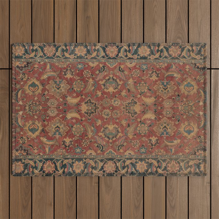 Flowery Boho Rug I // 17th Century Distressed Colorful Red Navy Blue Burlap Tan Ornate Accent Patter Outdoor Rug Gallery Image 1