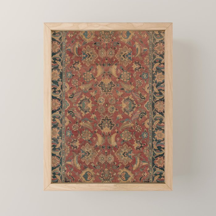 Flowery Boho Rug I // 17th Century Distressed Colorful Red Navy Blue Burlap Tan Ornate Accent Patter Mini Art Print Gallery Image 1