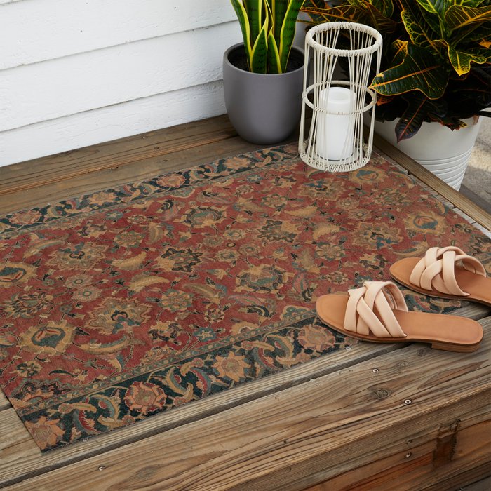Flowery Boho Rug I // 17th Century Distressed Colorful Red Navy Blue Burlap Tan Ornate Accent Patter Outdoor Rug Gallery Image 2